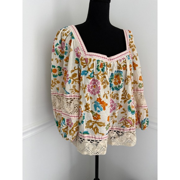 Christian Siriano Tops - Floral Linen Blend Crochet Puff Sleeve Blouse XL Multicolor Fairycore boho